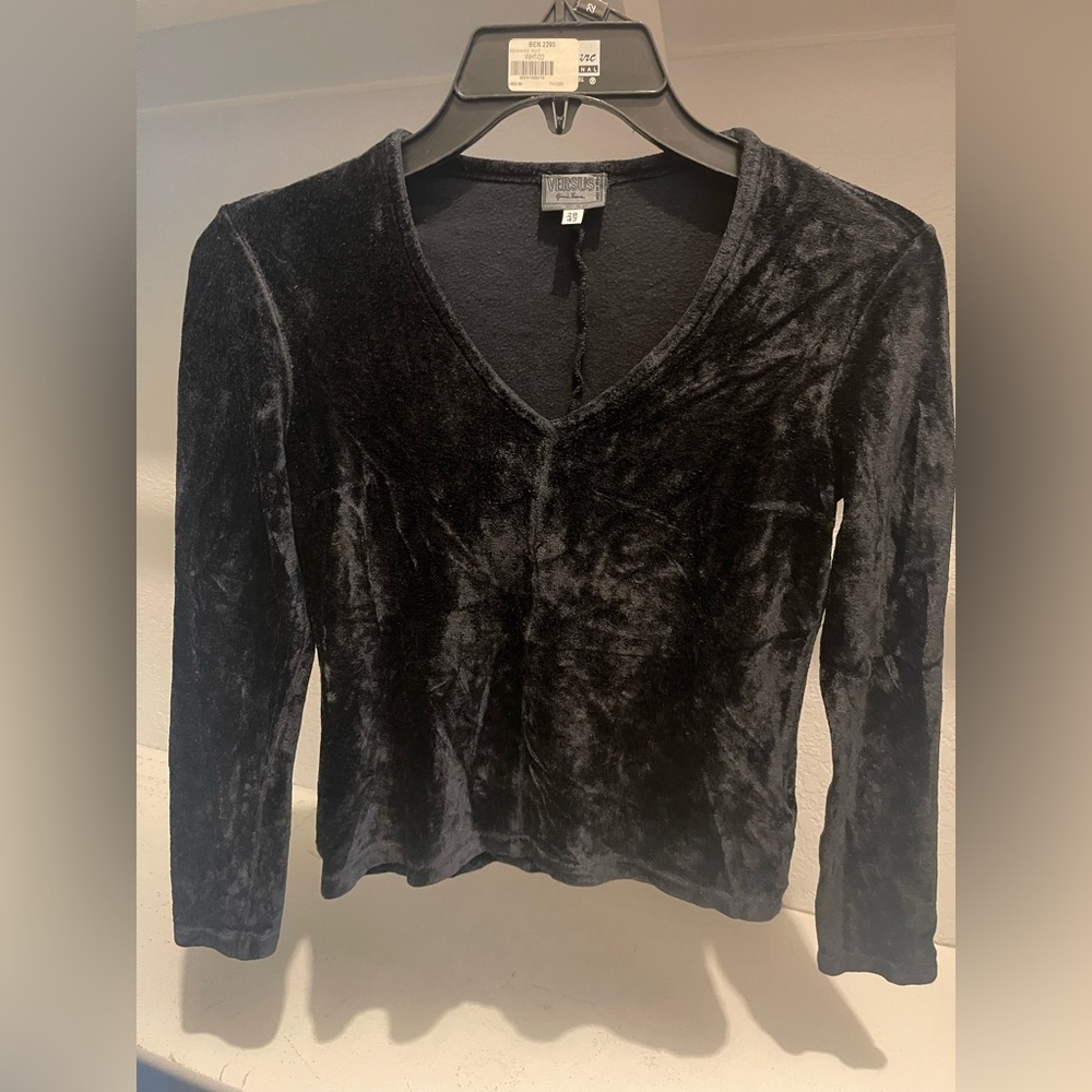 VTG Versus Gianni Versace Velvet Black V Neck Blouse Y2K Size Small